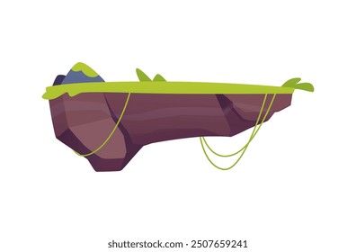 Plataforma nivelada con adoquines, césped verde y liana. Ilustración vectorial de isla de tierra de hierba flotante. Dibujos animados de piedra de la etapa de rock en verano. Activo de juego de fantasía aislado. Ubicación de la naturaleza de la GUI