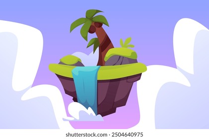 Level platform with coconut palm and waterfall, tropical land island floating in the sky vector illustration. Cartoon summer ground stone rock stage. Fantasy game asset, GUI nature location