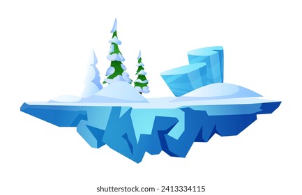 Level Plattform, gefrorenes Eis Land Insel schwimmende Vektorgrafik. Cartoon Fantasy Frostgestein mit Tannenbäumen und Schneeflocken. Im Winter fliegendes Stück Boden für Gui-Game-Objekt