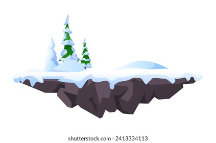 Level Plattform, gefrorene Waldlandinsel schwimmende Vektorgrafik. Cartoon Fantasy Fels Bühne mit Tannenbäumen und Schneeflocken. Im Winter fliegender Boden für die Benutzeroberfläche von Gui-Game-Objekten