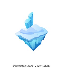 Plataforma de nivel, isla de hielo congelado ilustración vectorial flotante. Fantasía de dibujos animados escenario de rock de invierno con acantilados y nieve. Pieza de tierra congelante voladora para el activo del juego de la interfaz gráfica de usuario