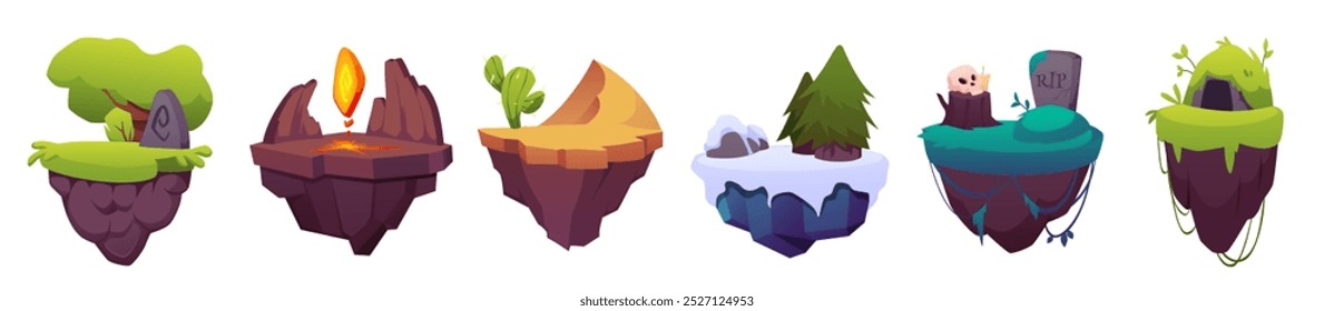 Plataforma nivelada con lápida, premio de llama, cactus en dunas. Conjunto de Ilustraciones vectoriales de isla de tierra flotante de invierno y verano de dibujos animados. Etapas de roca de piedra de tierra para el activo del juego de fantasía aislado