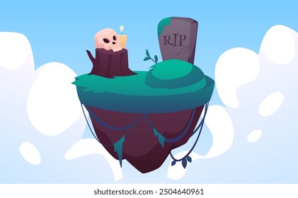 Plataforma nivelada con lápida, tocón viejo con vela ardiente y scull. Tierra de la isla del cementerio flotando en la Ilustración vectorial del cielo. Dibujos animados de Halloween fantasía piedra rock etapa para gui juego activo