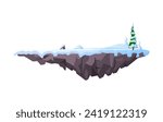 Level platform with spruce in snow, winter season flat style, vector illustration isolated on white background. Decorative design element for online games, fantasy flying rock