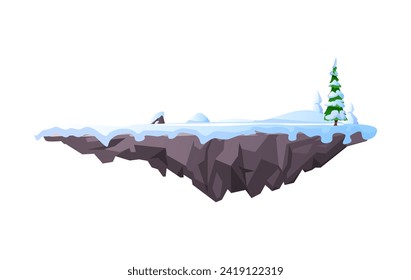 Plataforma de nivel con picor en la nieve, estilo plano de temporada invernal, ilustración vectorial aislada en fondo blanco. Elemento de diseño decorativo para juegos en línea, rock volador de fantasía