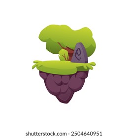 Level platform with stone totem, idol rune. Floating forest land island vector illustration. Cartoon stone rock stage, ground with lawn and trees in summer. Fantasy game asset isolated on white