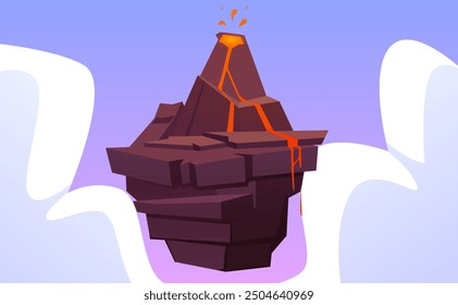 Level platform with volcano with magma explosion. Floating land island volcanic activity hot lava eruption vector illustration. Cartoon stone rock stage in the sky. Fantasy arcade games nature