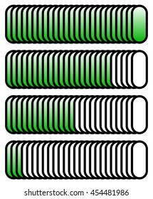 Level, progress indicators with levels in sequence from low to high. Phase, step indicators, generic meters for measurement, progression or completion concepts. Vector illustration.