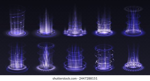 Level up purple energy effects realistic vector illustration set. Magical portals activation 3d elements on transparent background. Fantasy and template