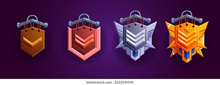 Level rank coat of arms team set. Progress badges. Wood, bronze, silver, gold. Perfect for game progress.