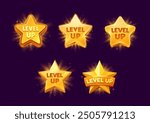 Level up rank, game star badges or pop up icons. Isolated vector golden, award gui or ui medals, shiny rank achievement. Rating bonus stars, winner or champion appreciation menu interface elements set