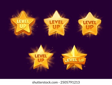 Level up rank, game star badges or pop up icons. Isolated vector golden, award gui or ui medals, shiny rank achievement. Rating bonus stars, winner or champion appreciation menu interface elements set