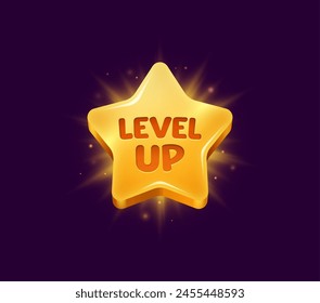 Level up rank star for game interface of badge with shine, vector bonus award medal. Level up pop up badge with golden star with shiny glow for video arcade game GUI or achievement popup sign