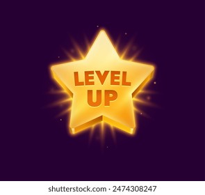 Level up rank star with golden shine for game achievement bonus award, vector cartoon medal. Level up pop up badge for reward or trophy victory, golden star in shiny glow for arcade video game GUI