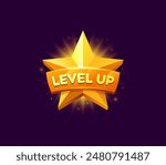 Level up rank star vector icon, game UI or GUI gold medal, bonus, award, trophy and reward. Cartoon golden star badge with ribbon banner, game level up rank, winner award, achievement bonus or medal
