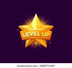 Level up rank star vector icon, game UI or GUI gold medal, bonus, award, trophy and reward. Cartoon golden star badge with ribbon banner, game level up rank, winner award, achievement bonus or medal