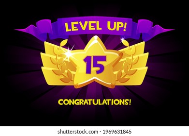 Level Up Reward Cartoon Gold Icon With Winner Ribbon, Game App UI Isolated Design Element.