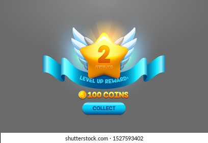Level up reward cartoon vector illustration. Online game app UI isolated design element. Successful level complete realistic badge. Prize coins collect button. Winner star with wings, ribbon award
