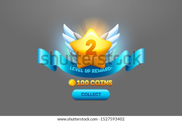 Level up reward cartoon vector illustration.\
Online game app UI isolated design element. Successful level\
complete realistic badge. Prize coins collect button. Winner star\
with wings, ribbon\
award\
