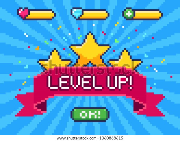 Level Up screen. Pixel\
video game achievement, pixels 8 bit games ui and gaming level\
progress. Arcade games achievements or pixelation gaming trophy\
vector illustration