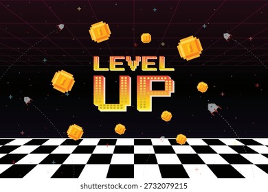 Level up screen. Retro pixel arcade machine 8 bit monitor. vintage console 1980s.