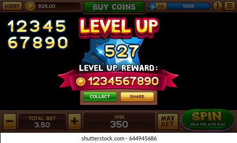 Level Up Screen For Slot Game. Vector Illustration