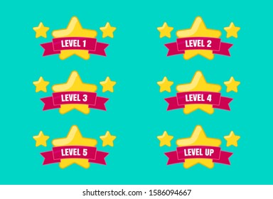 Level Up Screen Template. Pixel Video Game Achievement. Vector Star Icons Set. Collection Icon Design For Game, Ui, Banner, Design For App, Interface, Game Development. A Set Of Game Level.
