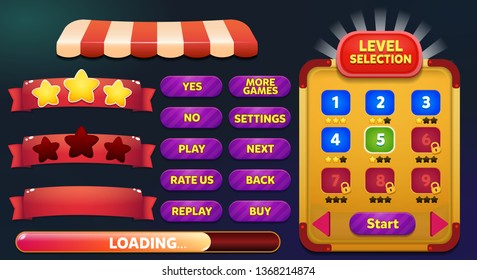 Level Selection Game Menu Scene With Game Buttons, Loading Bar And Win Lose Stars