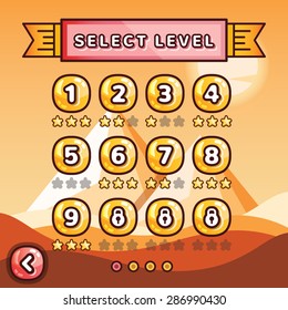 Level selection screen. Desert level concept. Creative ui templates set for web, mobile and computer video games. Vector illustration