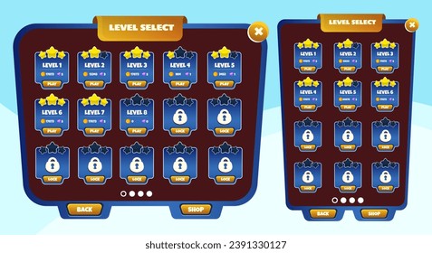 Level selection screen game ui. Game ui set for computers and mobile