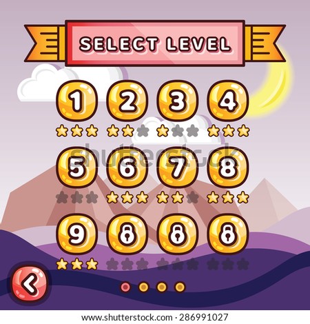 Level selection screen. Mystery canyon in night time concept. Creative ui templates set for web, mobile and computer video games. Vector illustration