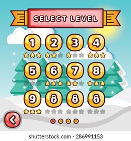 Level selection screen. Winter forest concept. Creative ui templates set for web, mobile and computer video games. Vector illustration