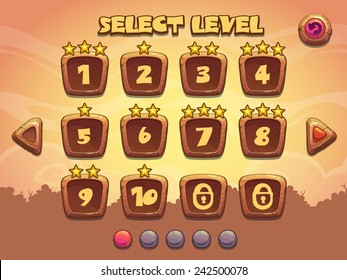 Level selection screen. Wooden game ui set