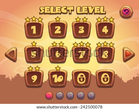 Level selection screen. Wooden game ui set