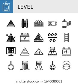 level simple icons set. Contains such icons as Sugar blood level, Pyramid, Ladder, High score, Battery, Filter, Pyramids, Ink level, Slider, can be used for web, mobile and logo