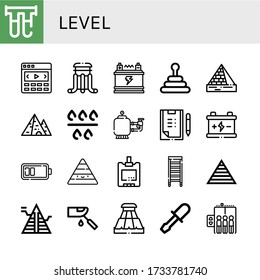 level simple icons set. Contains such icons as Filter, Slider, Battery, Pyramid, Pyramids, Scoring, Sugar blood level, Ladder, Glucosemeter, can be used for web, mobile and logo