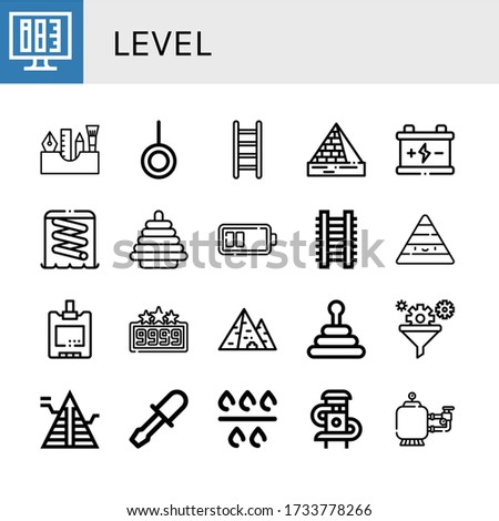 level simple icons set. Contains such icons as Ink level, Painting tools, Neutral, Ladder, Pyramids, Battery, Slider, Pyramid, Sugar blood level, can be used for web, mobile and logo