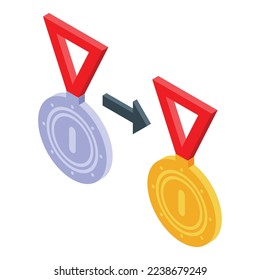 Icono de la medalla de nivel vector isométrico. Entrenando principiante. Objetivo personal