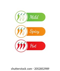 Level of spicy chili pepper. Vector spicy food green mild, medium and red extra hot.