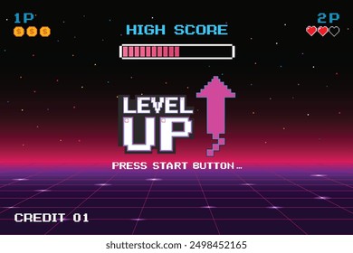 LEVEL UP symbol. pixel art .8 bit game. retro game. for game assets in vector illustrations.