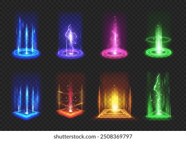 Level up and teleportation process game effect, futuristic lighting and bright wrap aura. Vector isolated set of portals and travel, teleport with luminous beams, lightning and energy discharge