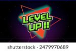 LEVEL UP !! text with gold coin on blue background.pixel art .8 bit game.retro game. for game assets in vector illustrations.