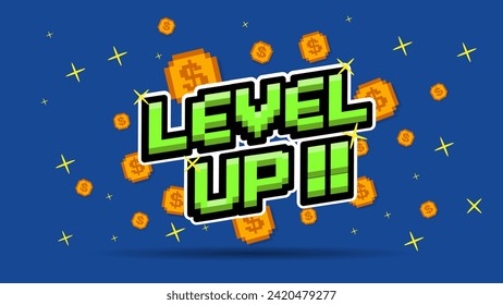 LEVEL UP !! text with gold coin on blue background.pixel art .8 bit game.retro game. for game assets in vector illustrations.	