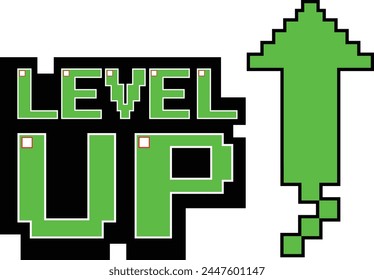 LEVEL UP ! Text mit Goldmünze auf grünem Hintergrund. Pixel Art .8 Bit Spiel. Retro-Spiel. für Game Assets in Vektorillustrationen.