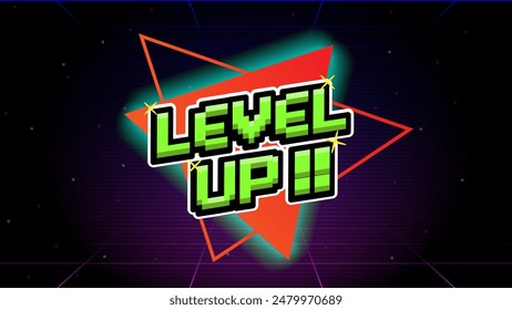 LEVEL UP !! text with gold coin on blue background.pixel art .8 bit game.retro game. for game assets in vector illustrations.