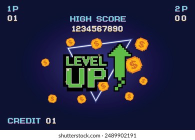 LEVEL UP !! text with gold coin on blue background. pixel art .8 bit game. retro game. for game assets in vector illustrations.