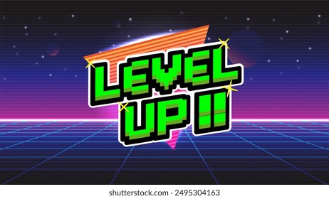 LEVEL UP !! text with gold coin on blue background.pixel art .8 bit game.retro game. for game assets in vector illustrations.	
