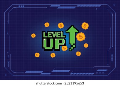 LEVEL UP !! text with gold coin on blue background. pixel art .8 bit game. retro game. for game assets in vector illustrations.