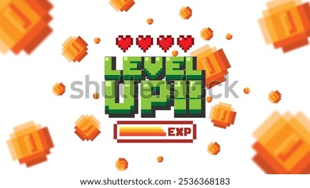 LEVEL UP !! text with gold coin on White background