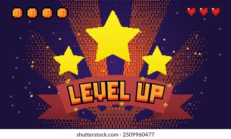 LEVEL UP texto com moeda de ouro, com estrelas de pixel, indicador de corações da vida em azul background.pixel art .8 bit game.retro. para ativos de jogo em ilustrações vetoriais.	